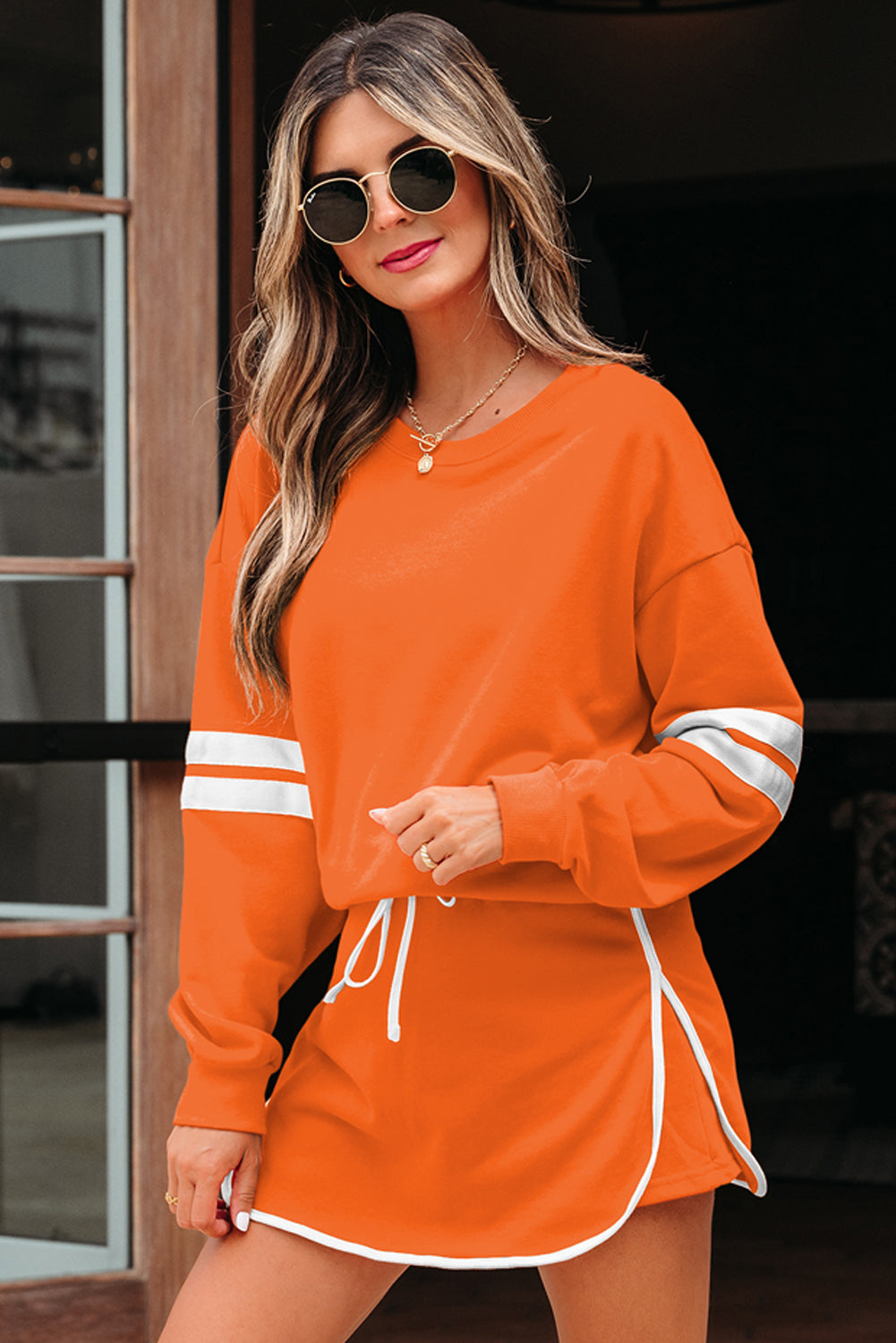 Varsity Stripe Detail Drop Shoulder Pullover Mini Skort Co-ord Set - eAura