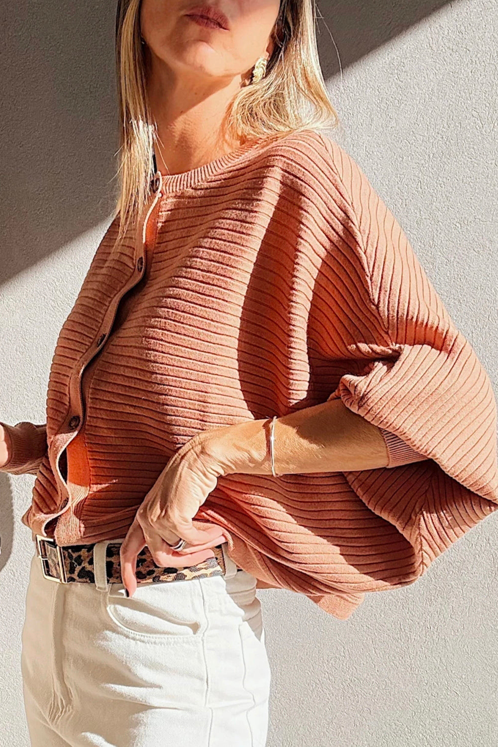 Rib Knit Button Front Dolman Sleeve Cardigan - eAura