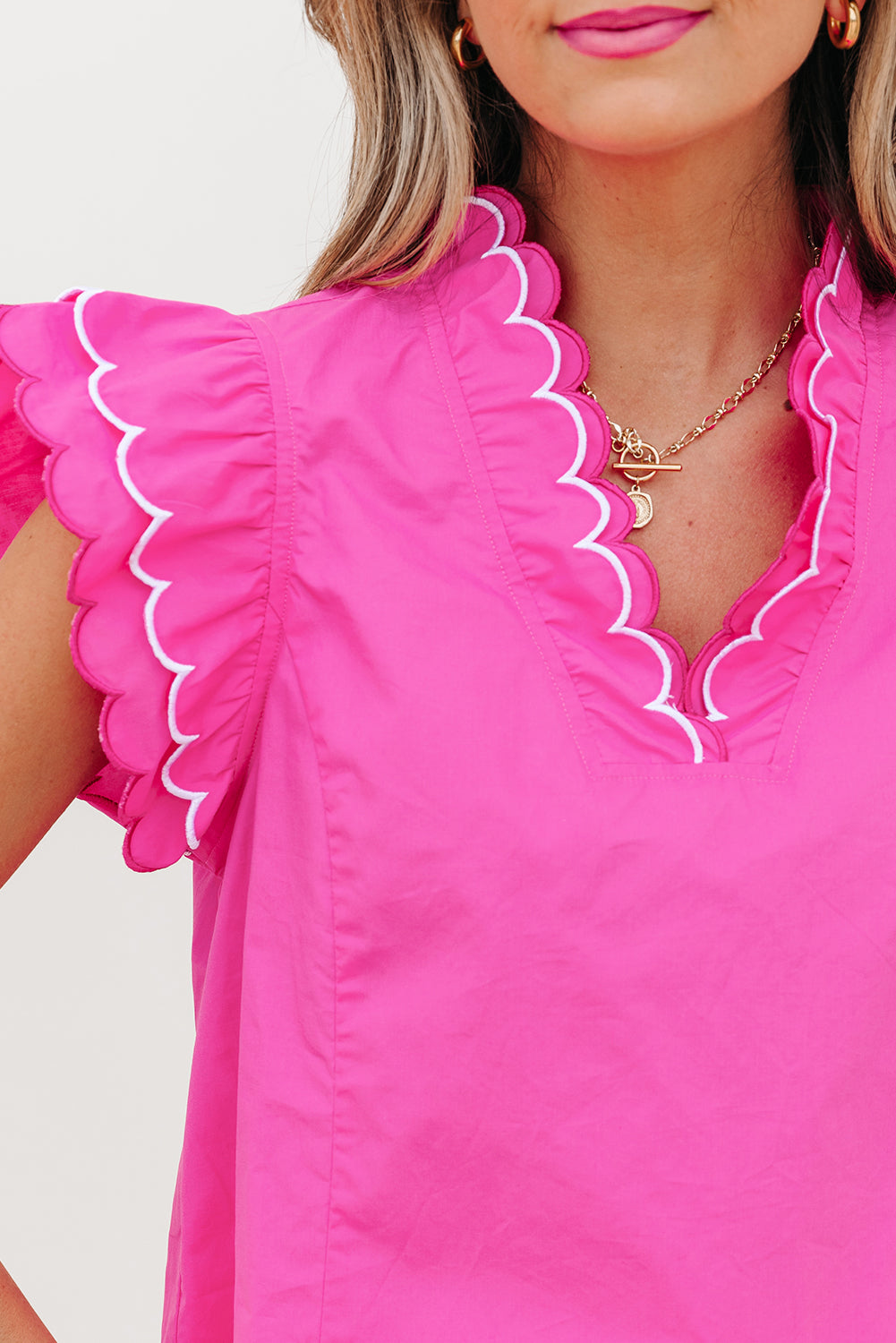 Bright Pink Scallop Trim Short Sleeve V Neck Top eAura