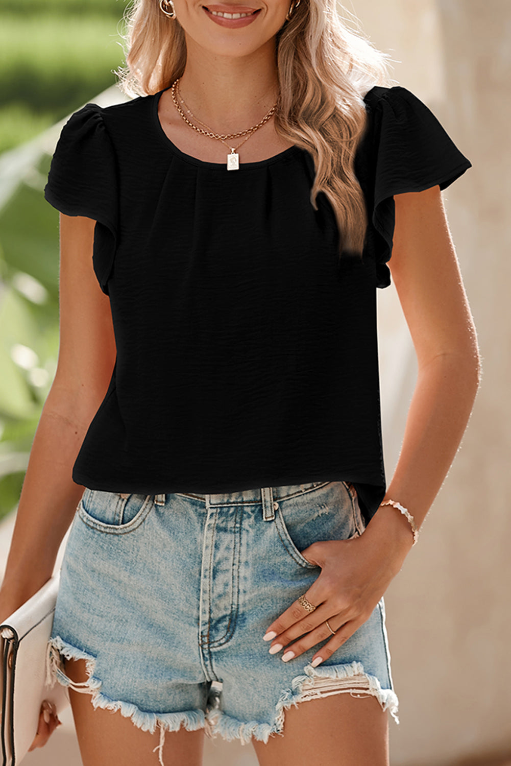 Flounce Sleeve Pleated Textured Blouse eAura