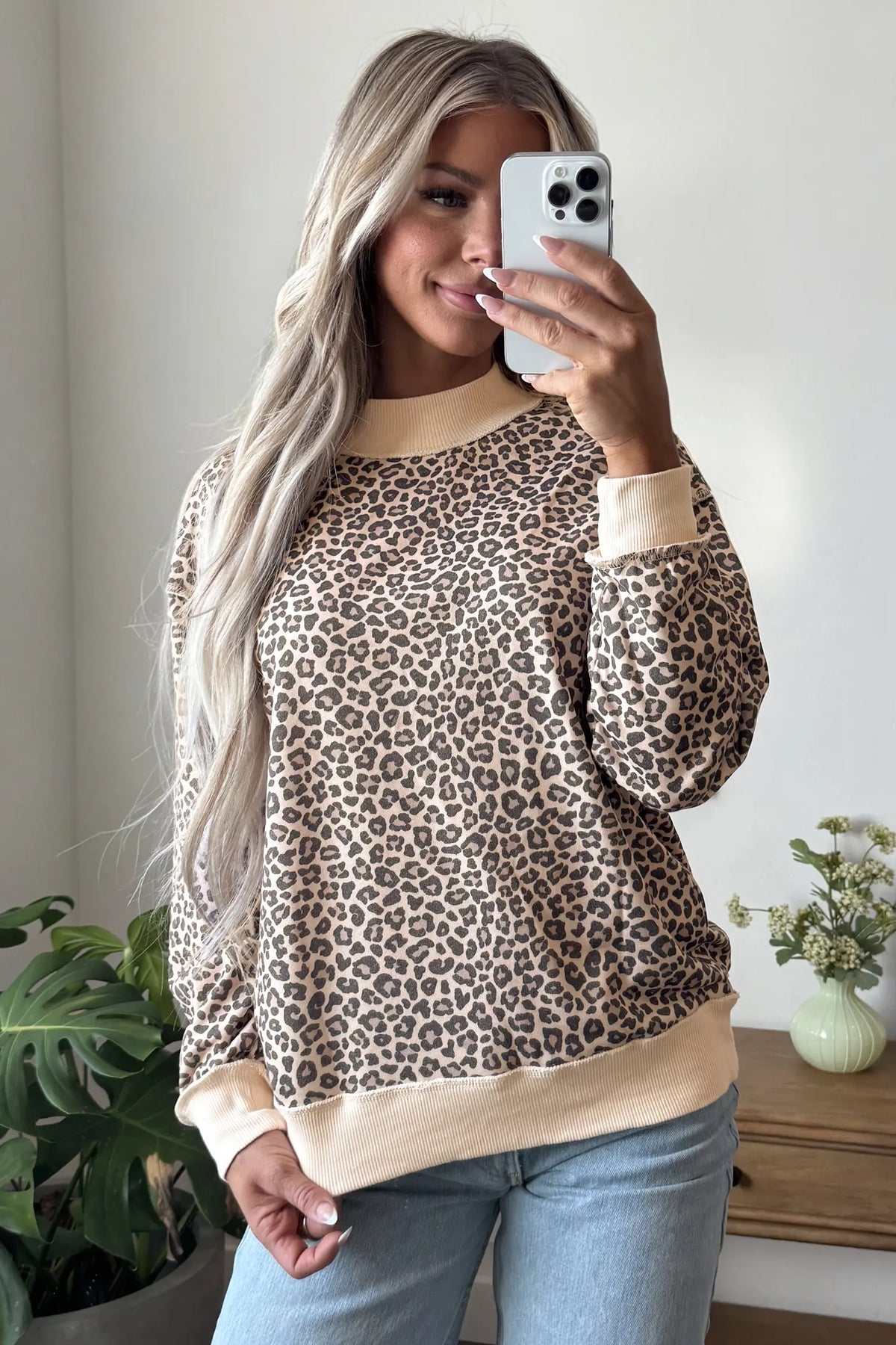Leopard Print High Neck Long Sleeve Ribbed Cuffs Hem Sweatshirt – Multicolour