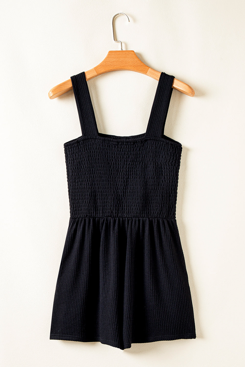 Black Smocked Bust Textured Knit Sleeveless Romper eAura