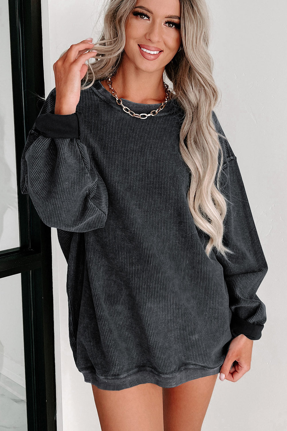 Green Solid Ribbed Knit Round Neck Pullover Sweatshirt eAura
