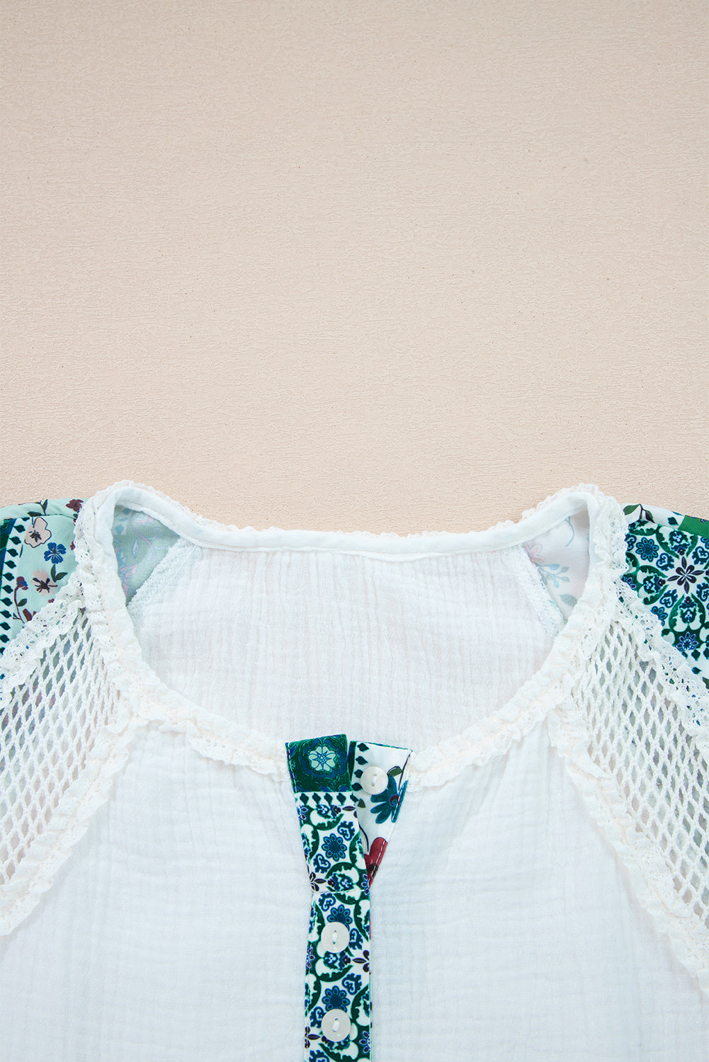 White Mesh Patched Half Button Blouse - eAura