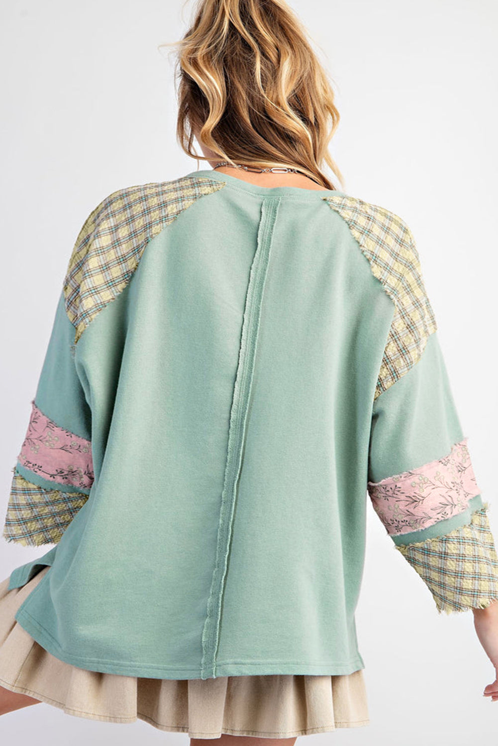 Clearly Aqua Plaid Floral Peace Heart Graphic Wide Long Sleeve Top Beagle Boutique Fashion Outlet