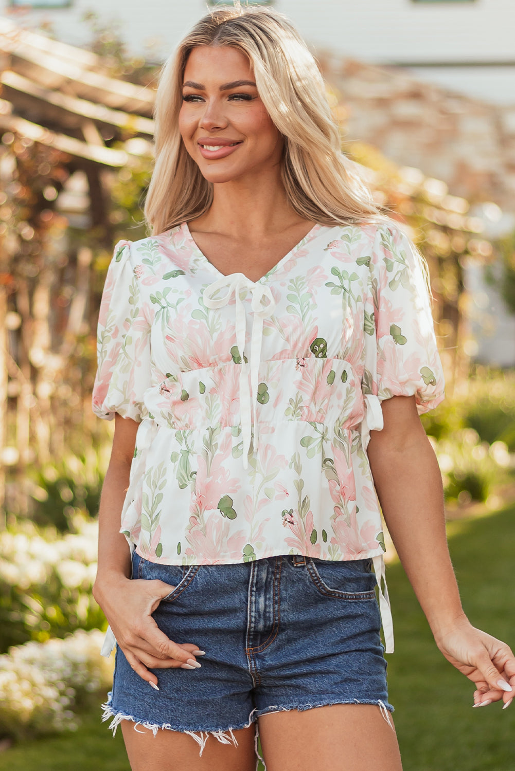 Pink Floral Puff Sleeve V Neck Tied Front Peplum Blouse eAura