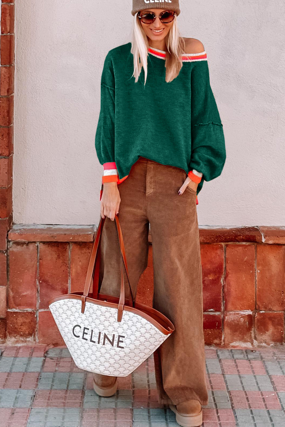 Blackish Green Colourblock Striped Trim Drop Shoulder Sweater eAura