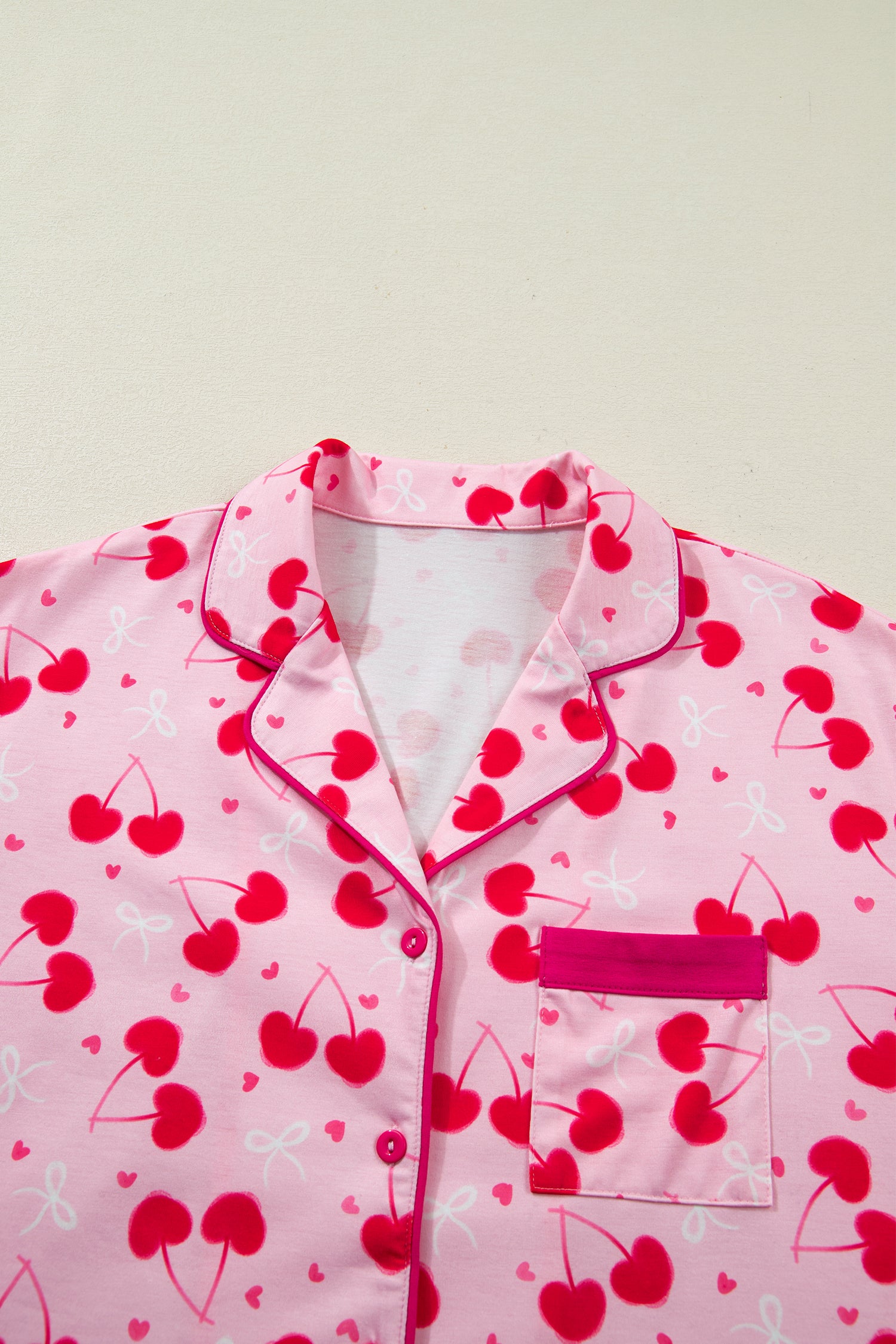 Cherry Bow Mixed Print Scalloped Edge Short Pajama Set – Rose