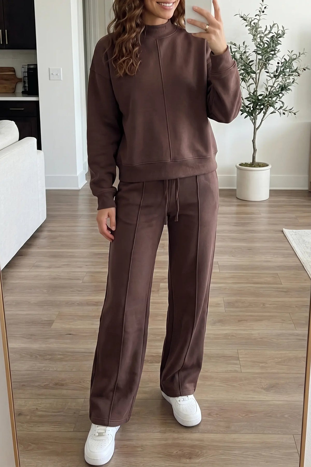 Coffee Solid Colour Piping Trim Mock Neck Pullover Drawstring Pants Set – Brown