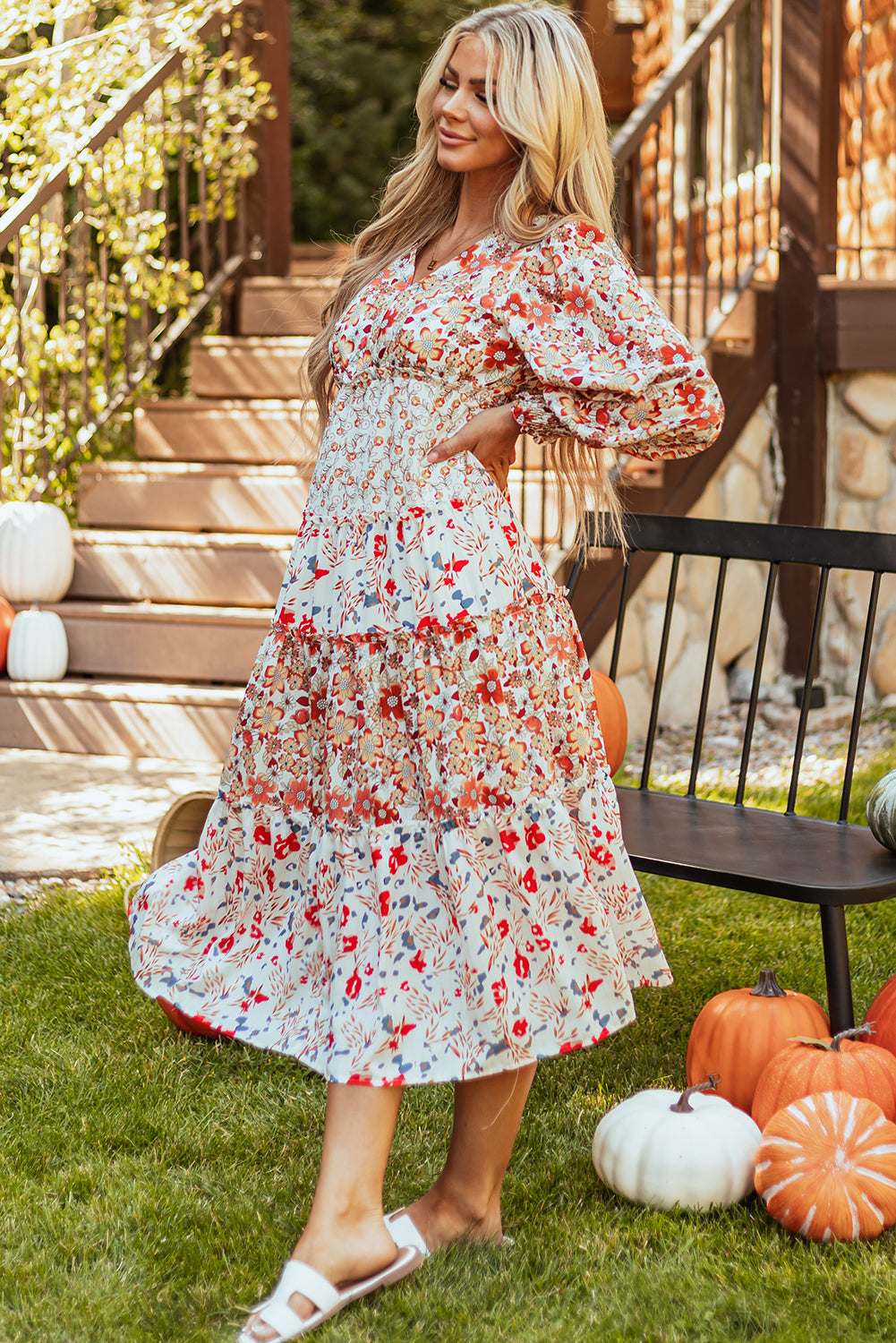 Khaki Floral Print Ruffled Tiered Long Sleeve V Neck Midi Dress BB Fashion Outlet