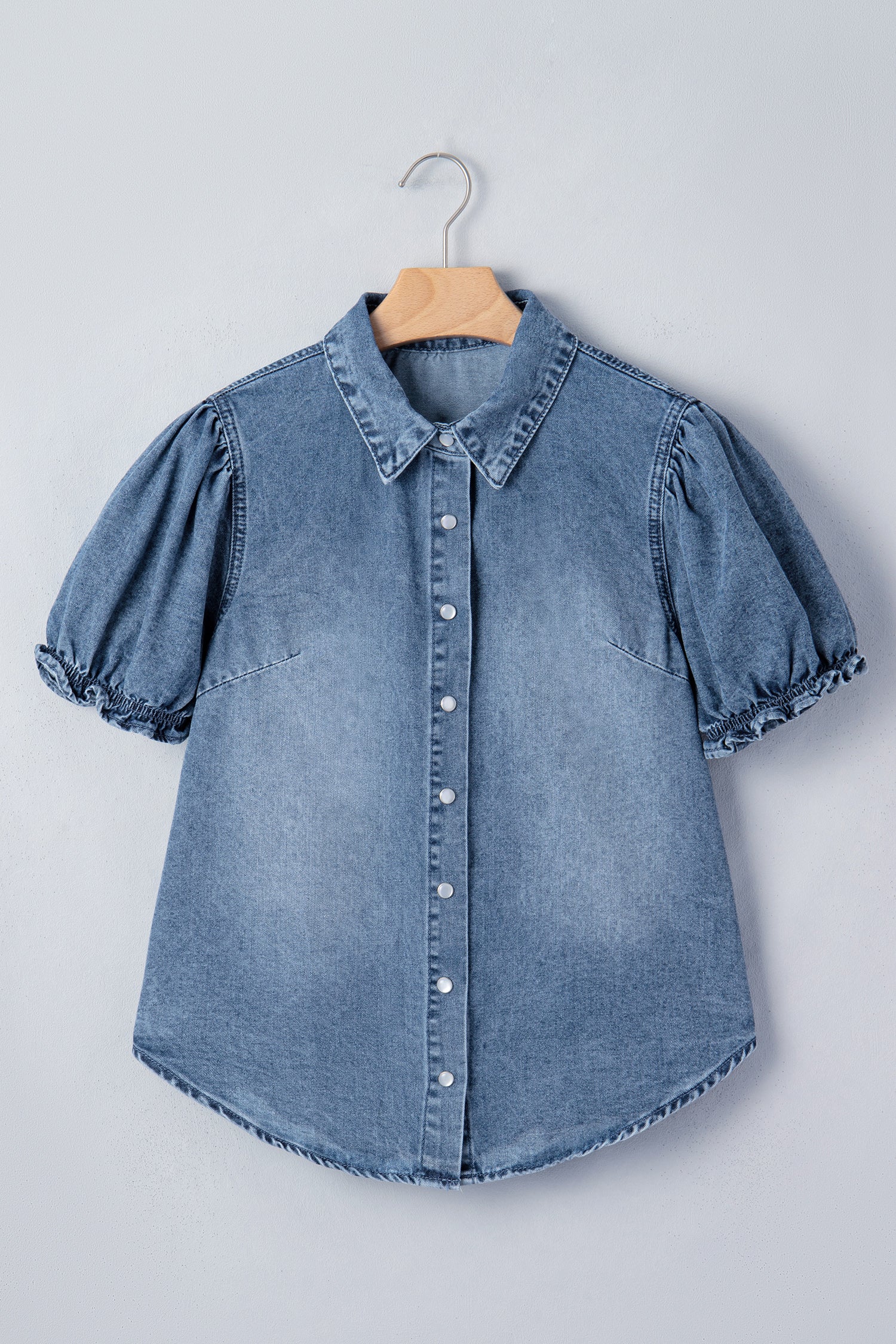 Frilled Short Sleeve Snap Button Denim Shirt