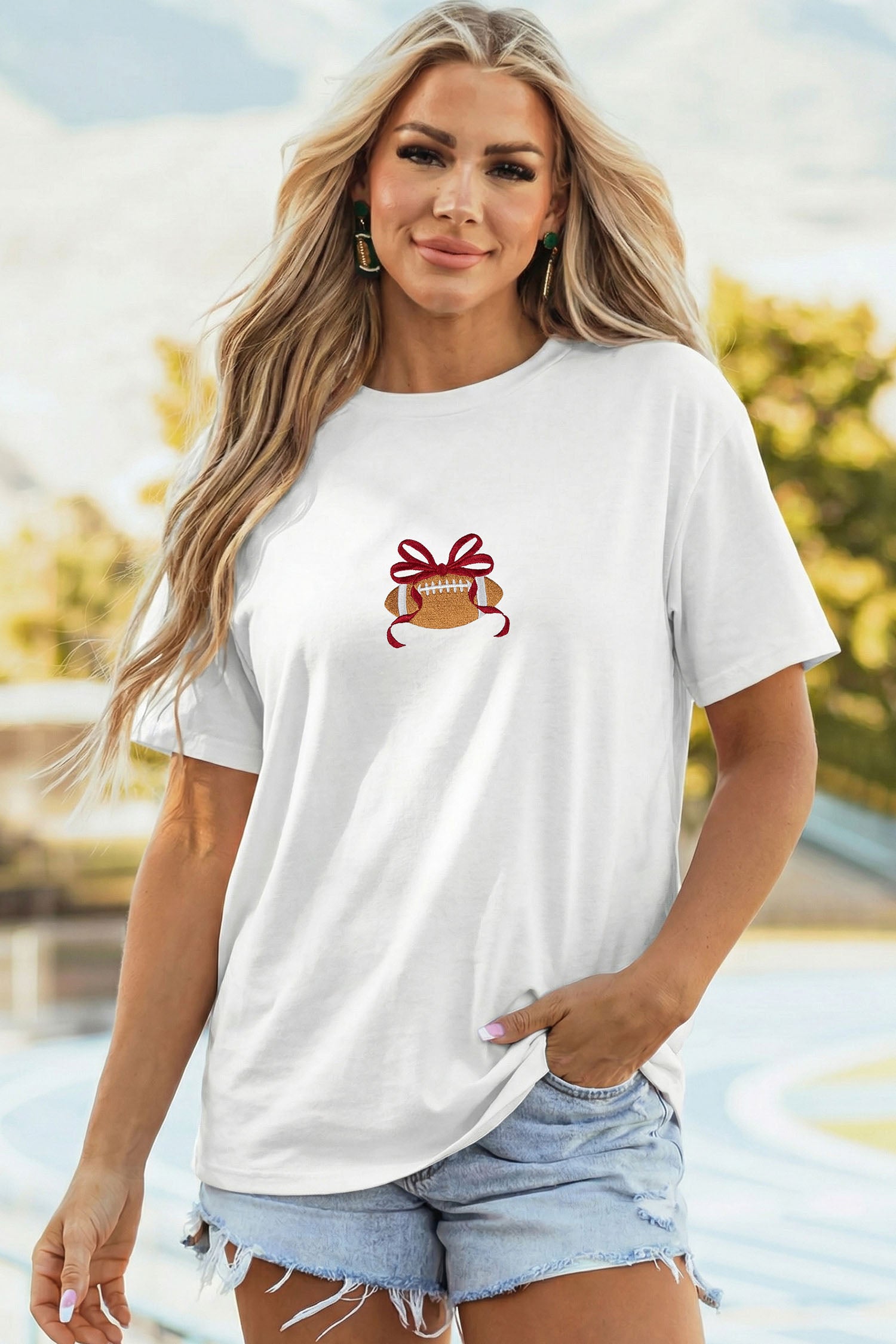Embroidered Bow Rugby Graphic Casual T-Shirt – White
