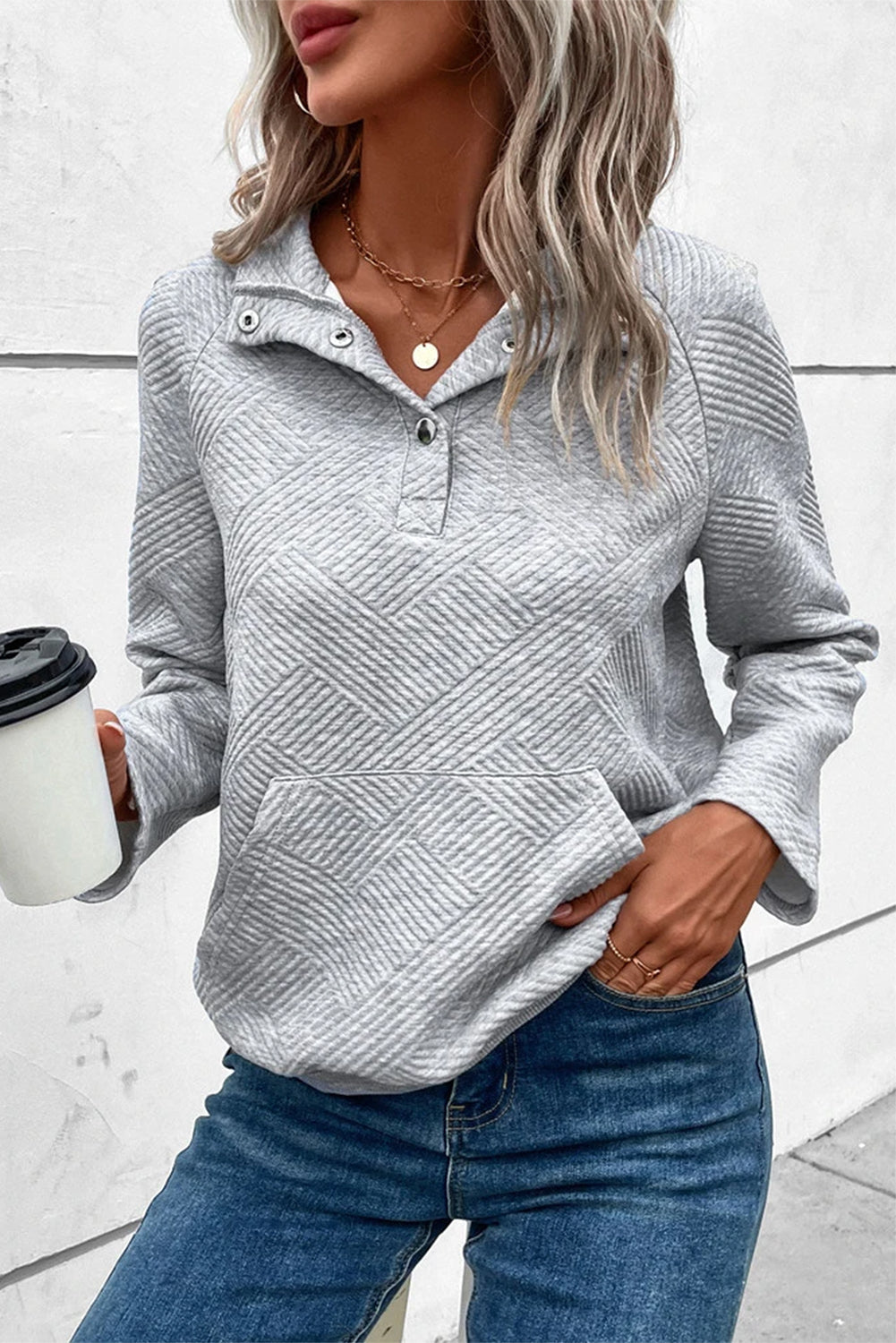 Laurel Green Textured Knit Buttoned Kangaroo Pocket Sweatshirt eAura