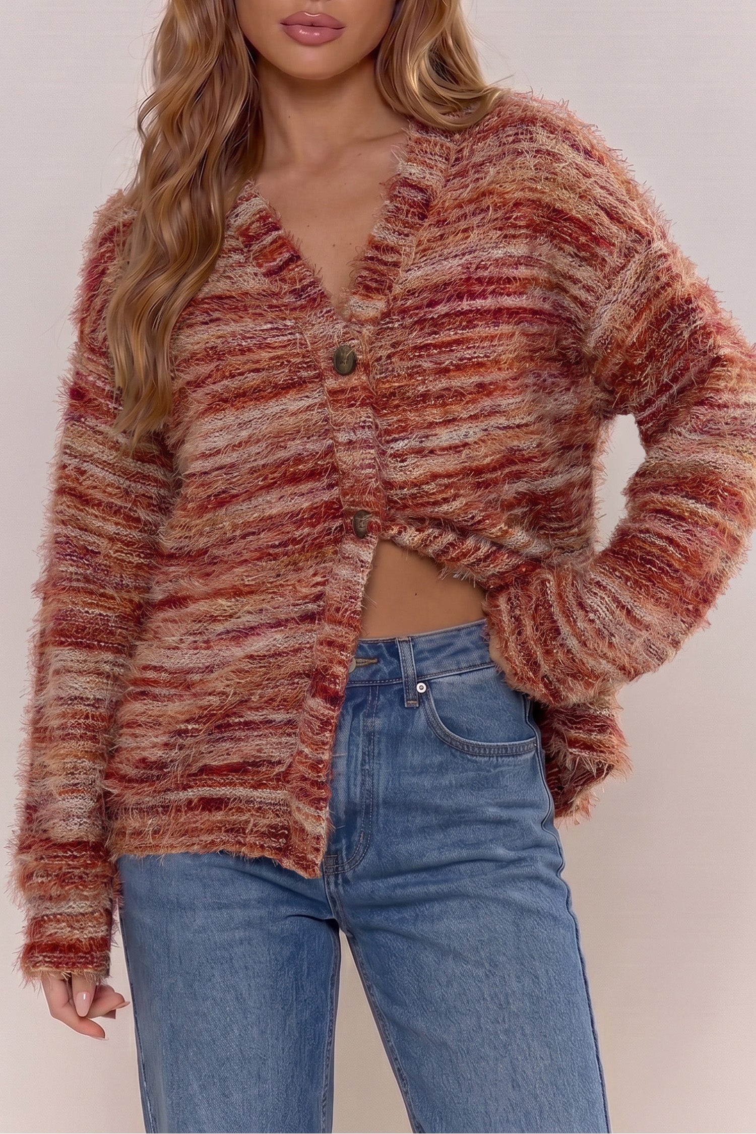 Fuzzy Striped Button Front Cardigan Sweater – Tawny