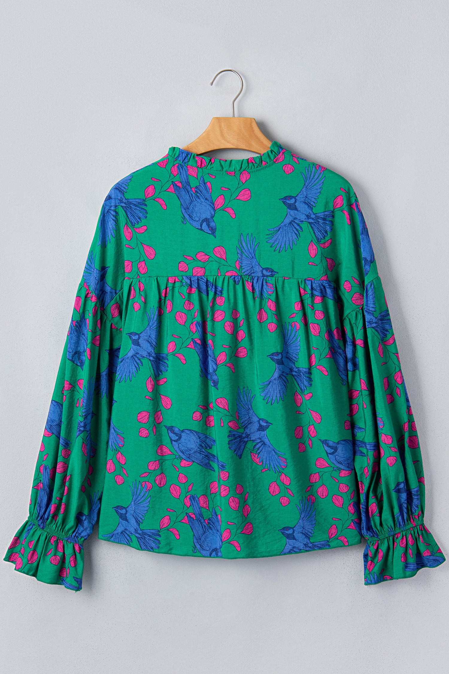 Abstract Print V Neck Flounced Puff Sleeve Blouse – Green
