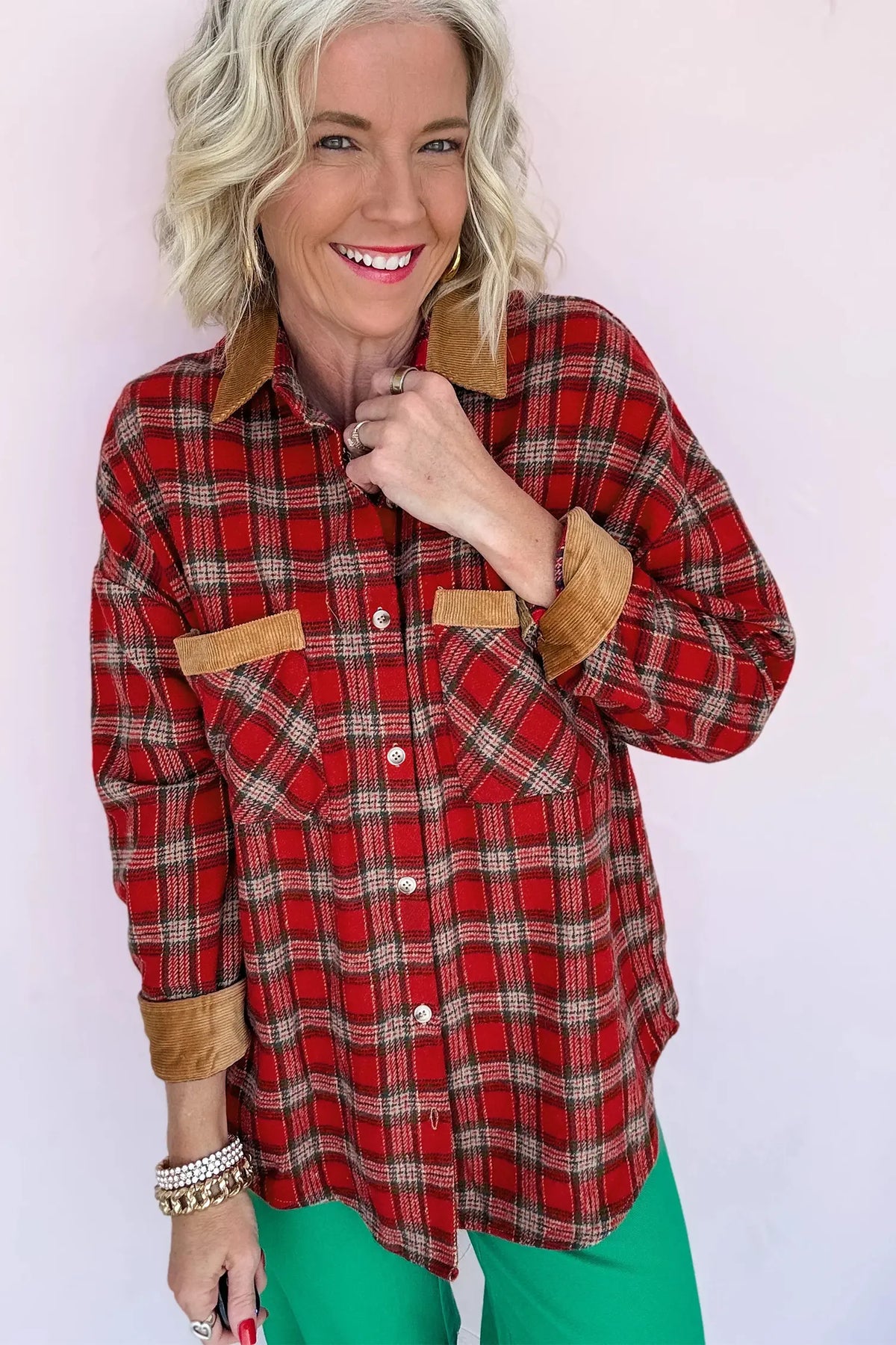 Casual Plaid Colour Block Collared Button Shacket