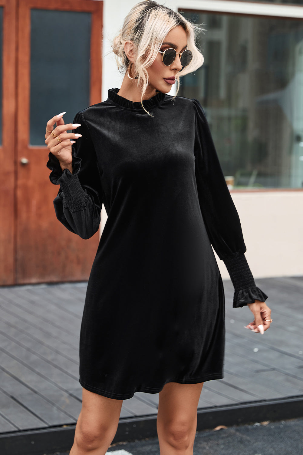 Black Velvet Frill Neck Long Sleeve Shift Dress - eAura
