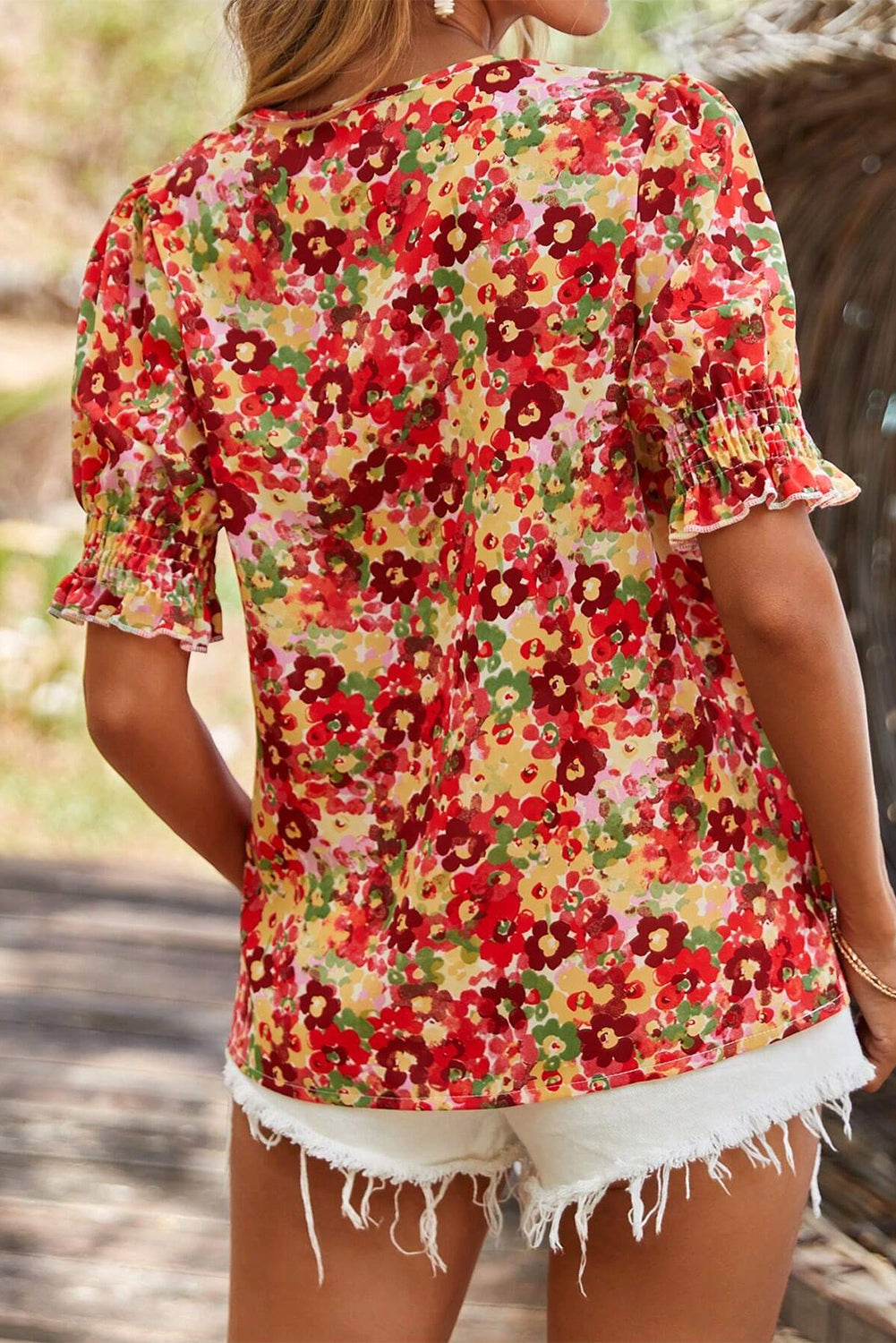 Floral Bubble Sleeve Pleated V-Neck Wrap Blouse eAura
