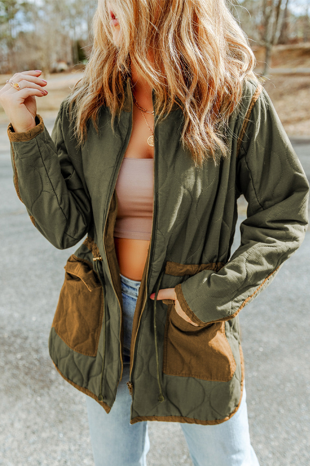 Green Stitching Quilted Drawstring Jacket Beagle Boutique Fashion Outlet
