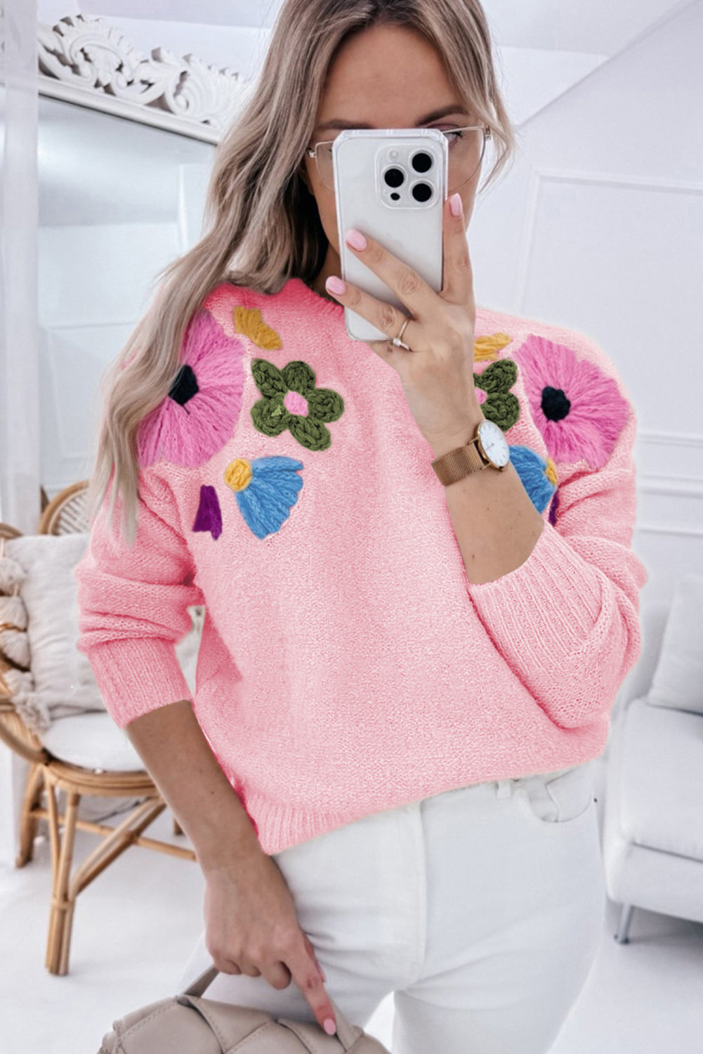 Light Blue Knitted Flower Pattern Ribbed Edge Sweater eAura