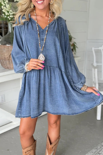 Puff Sleeve V-Neck Ruffled Loose Denim Mini Dress
