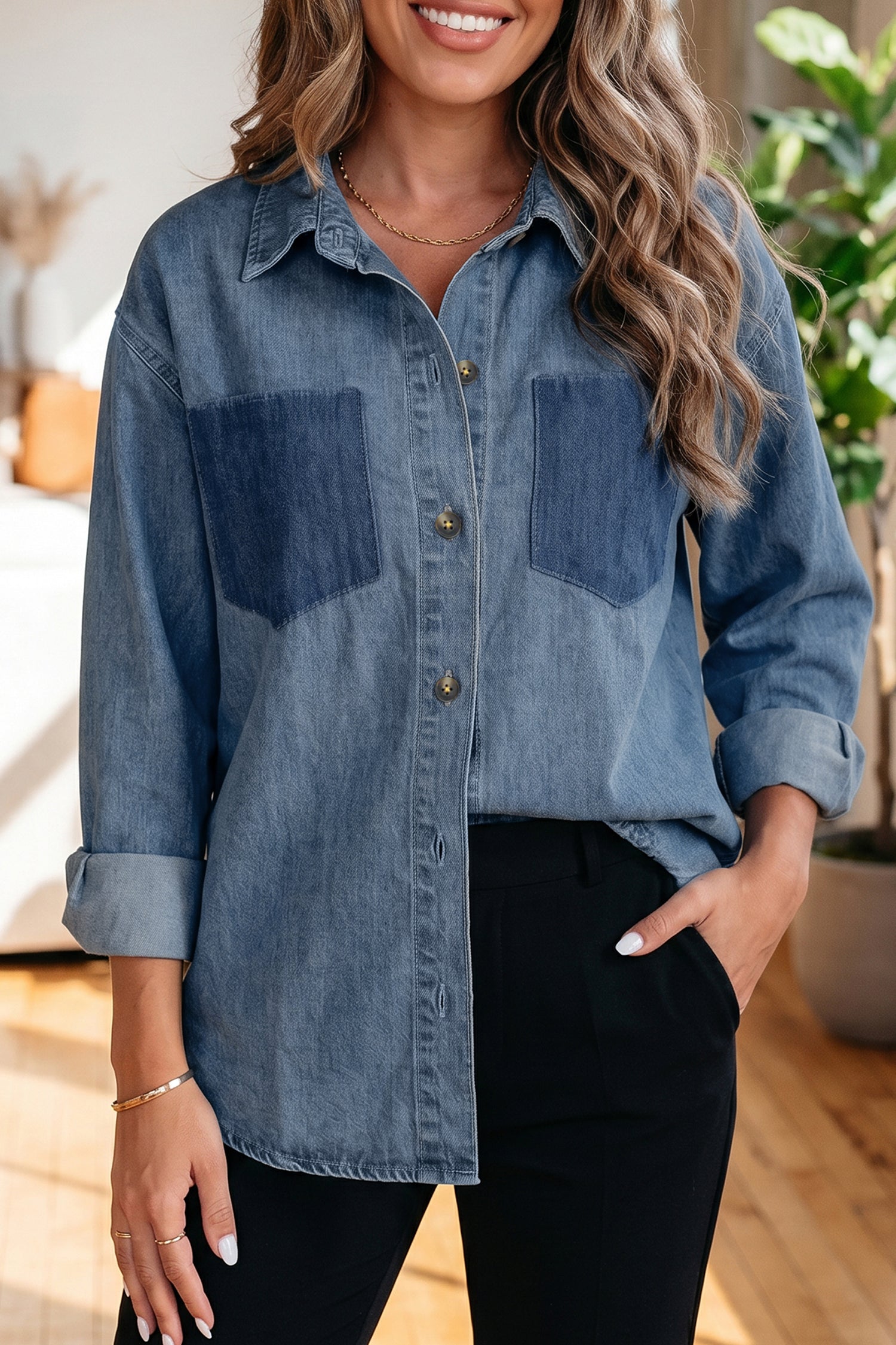 Color Block Pocket Detail Casual Button Down Denim Shirt – Sky Blue