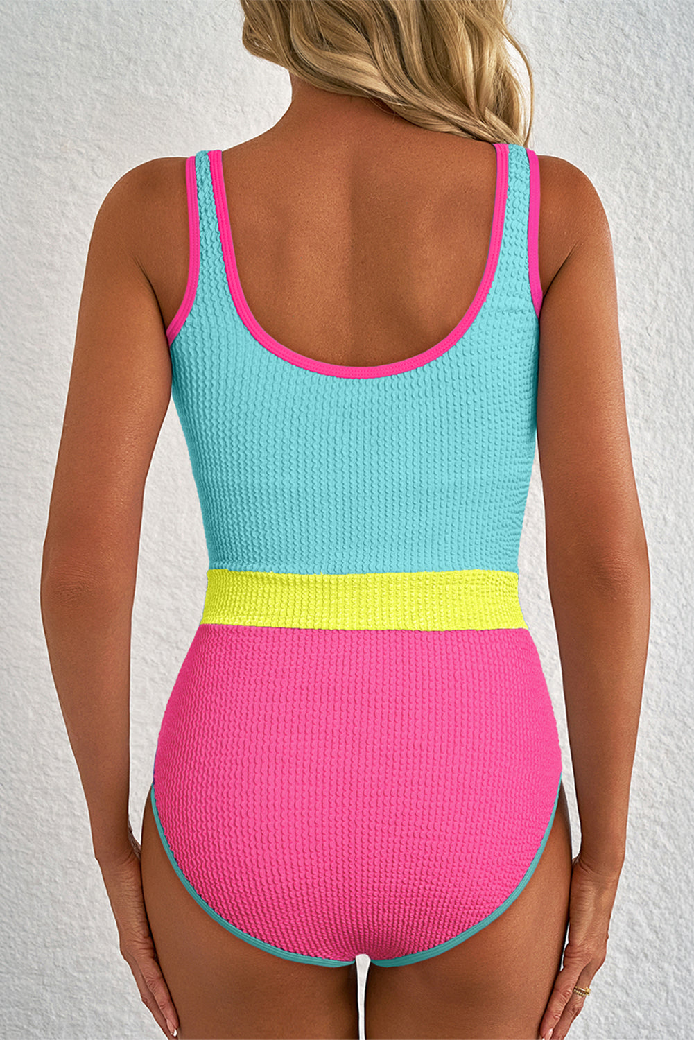 Iceland Blue Textured Color Block Patchwork One Piece Swimsuit Dear-Lover Dropshipping