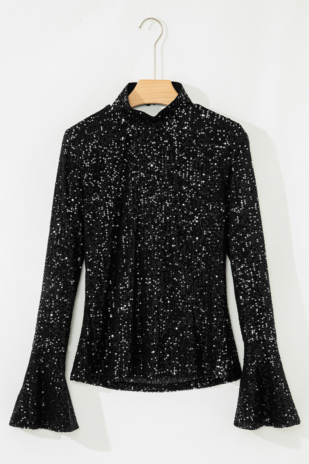 Black Sequin Mock Neck Drape Open Back Bell Sleeve Top eAura