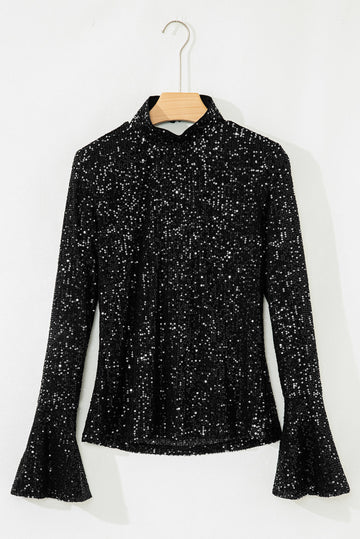 Sequin Mock Neck Drape Open Back Bell Sleeve Top - Occasionwear/party tops