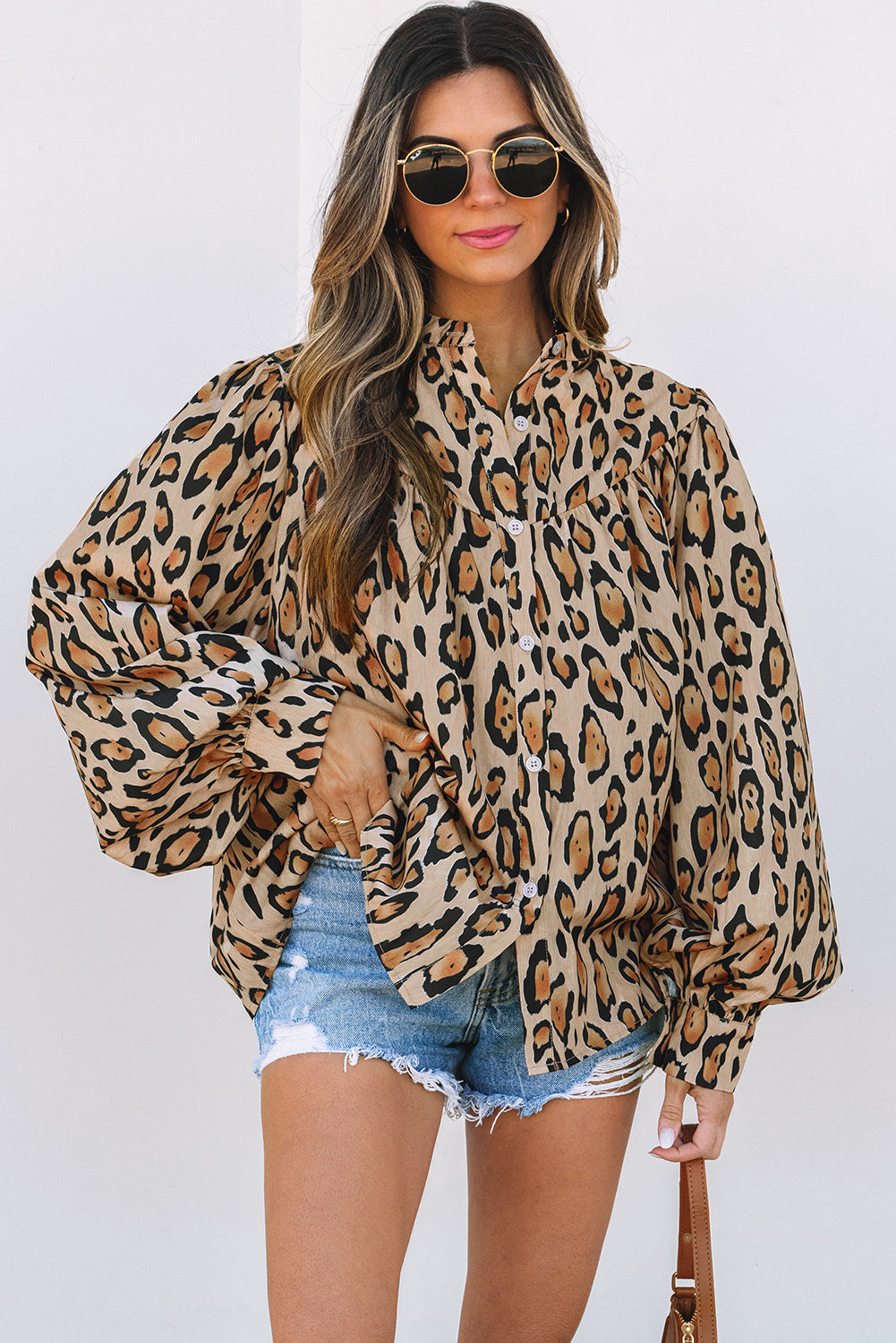 Light French Beige Oversized Leopard Print Balloon Sleeve Casual Shirt BB Fashion Outlet
