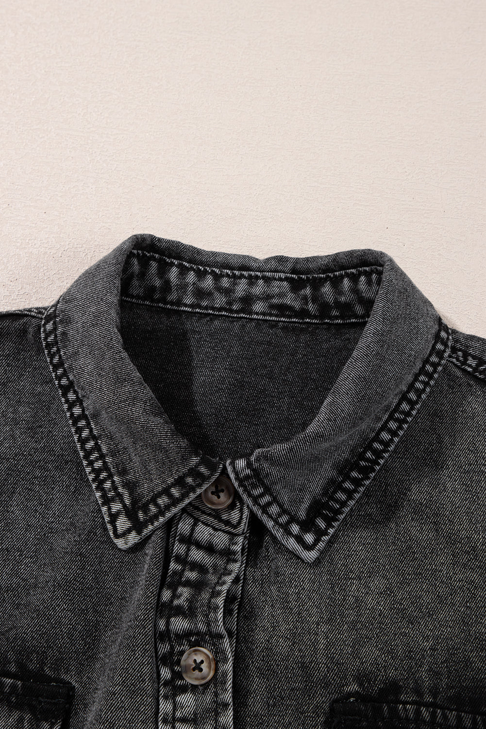 Black Short Sleeve Flap Pocket Button Up Raw Hem Denim Shirt eAura