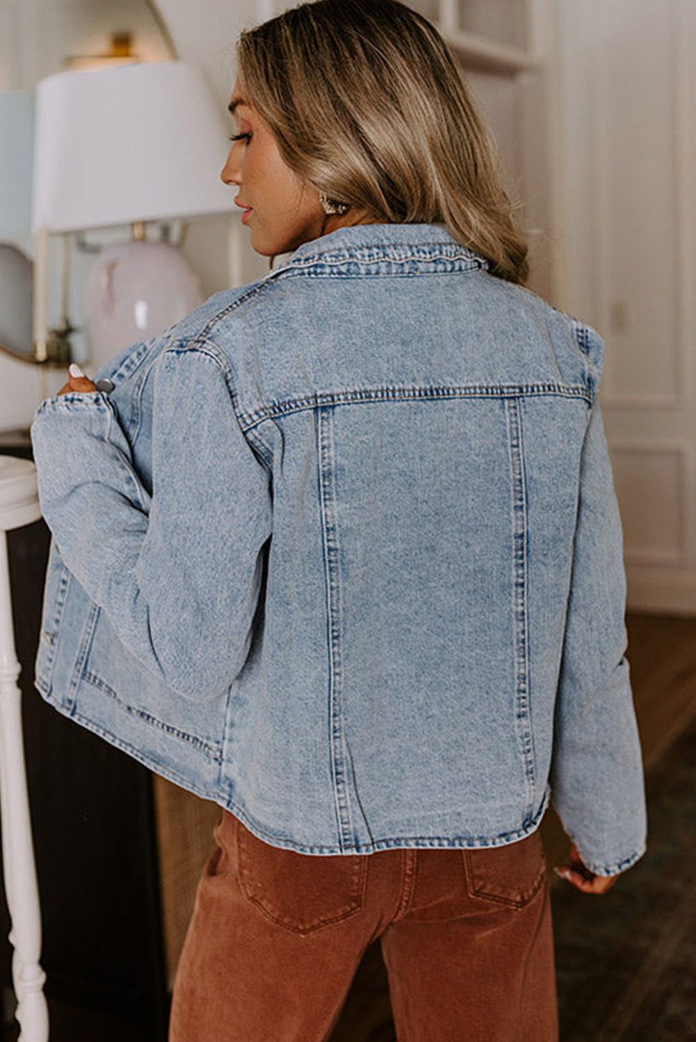 Scallop Trim Collar Patched Pocket Button Up Denim Jacket eAura