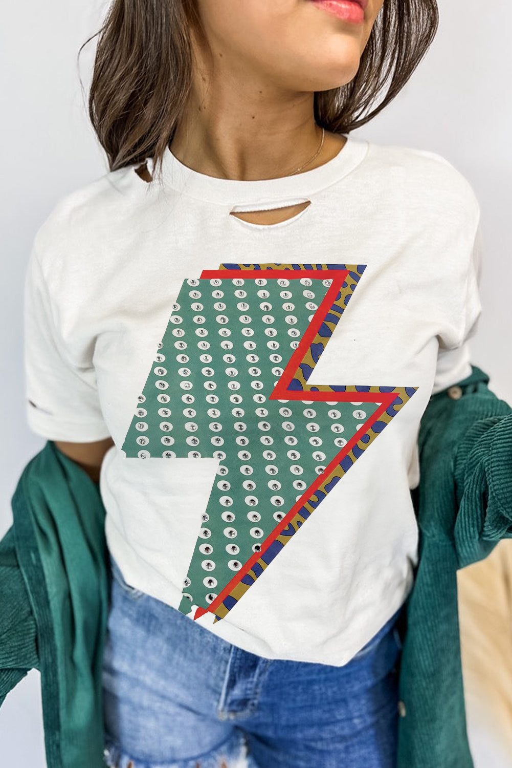 White Rhinestone Decor Bolt Graphic Ripped Western Tee eAura