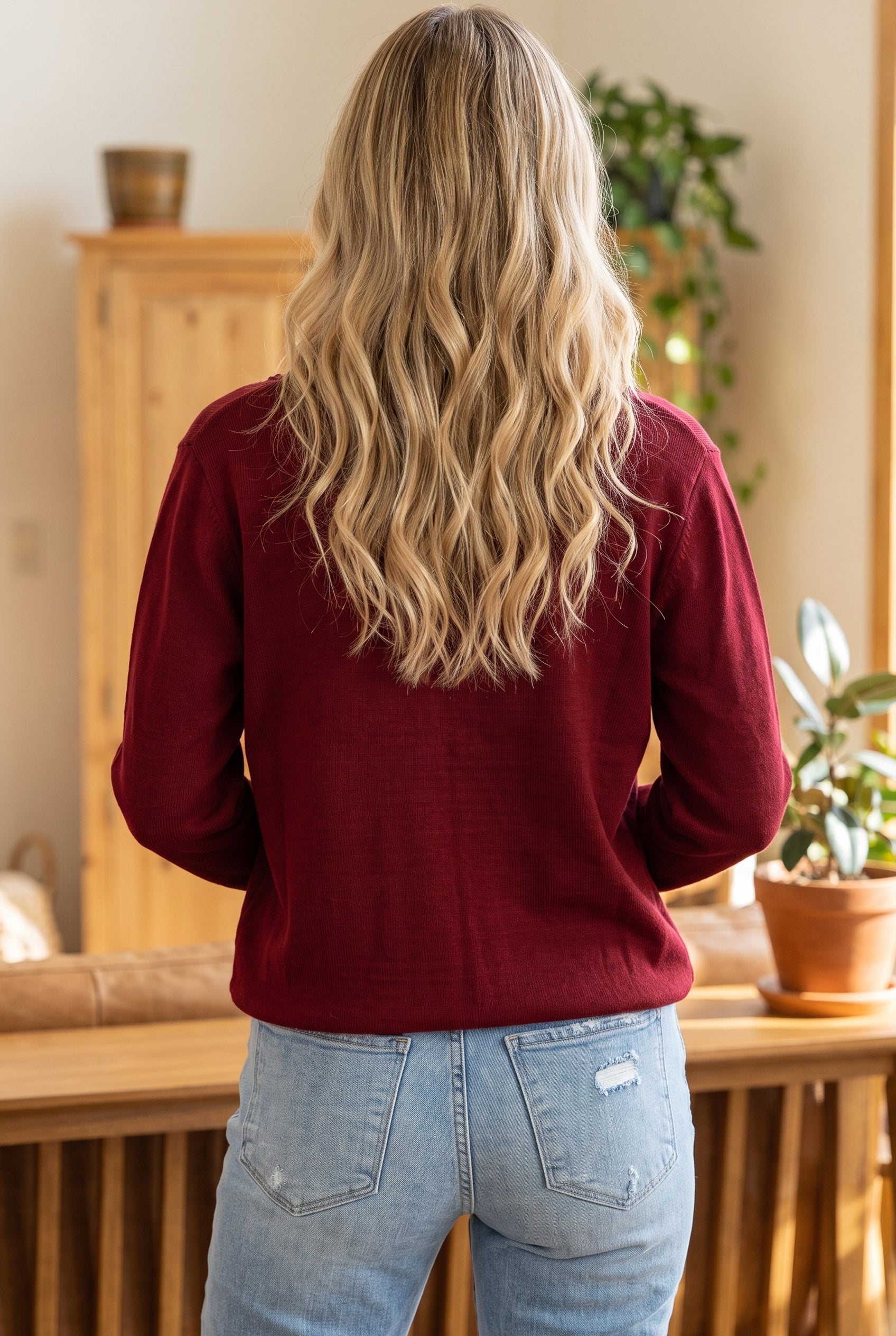 Bow Pocket Collar Long Sleeve Knit Cardigan – Burgundy