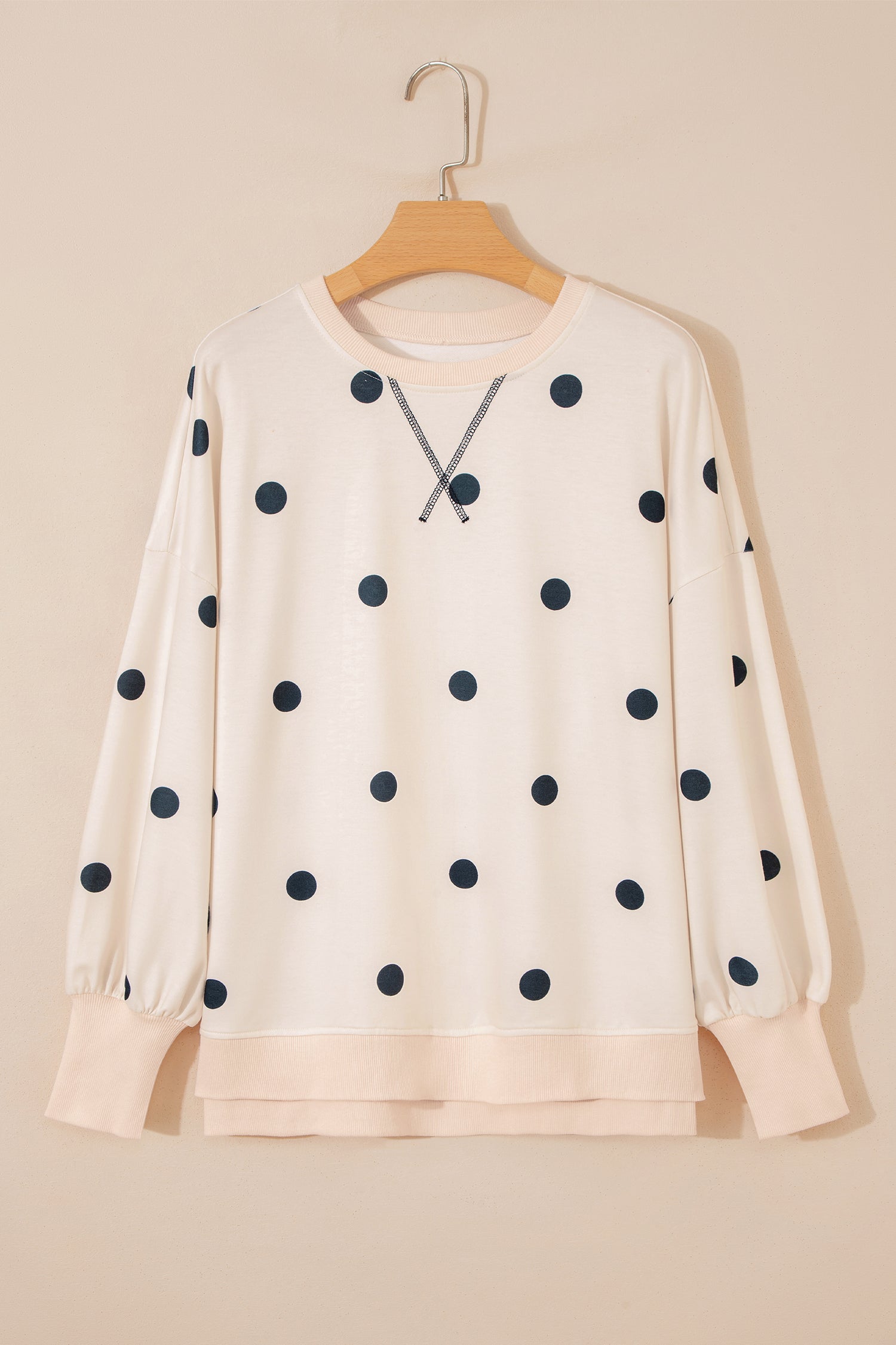 Loose-fit Long Sleeve Round Neck Polka Dot Tunic Sweatshirt – Beige