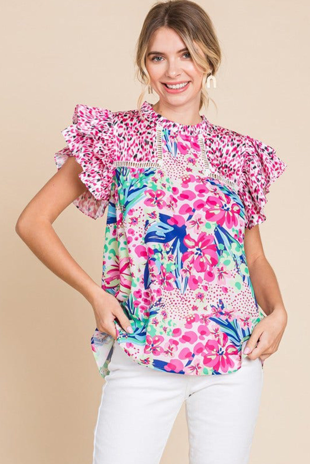 Pink Floral Mixed Print Ruffle Cap Sleeve Blouse eAura