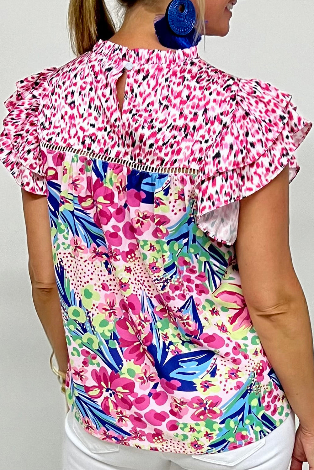 Pink Floral Mixed Print Ruffle Cap Sleeve Blouse eAura