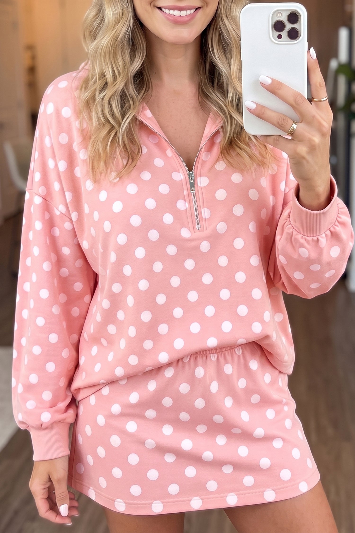 Polka Dot Hooded Long Sleeve Top Casual Mini Skort Set – Khaki