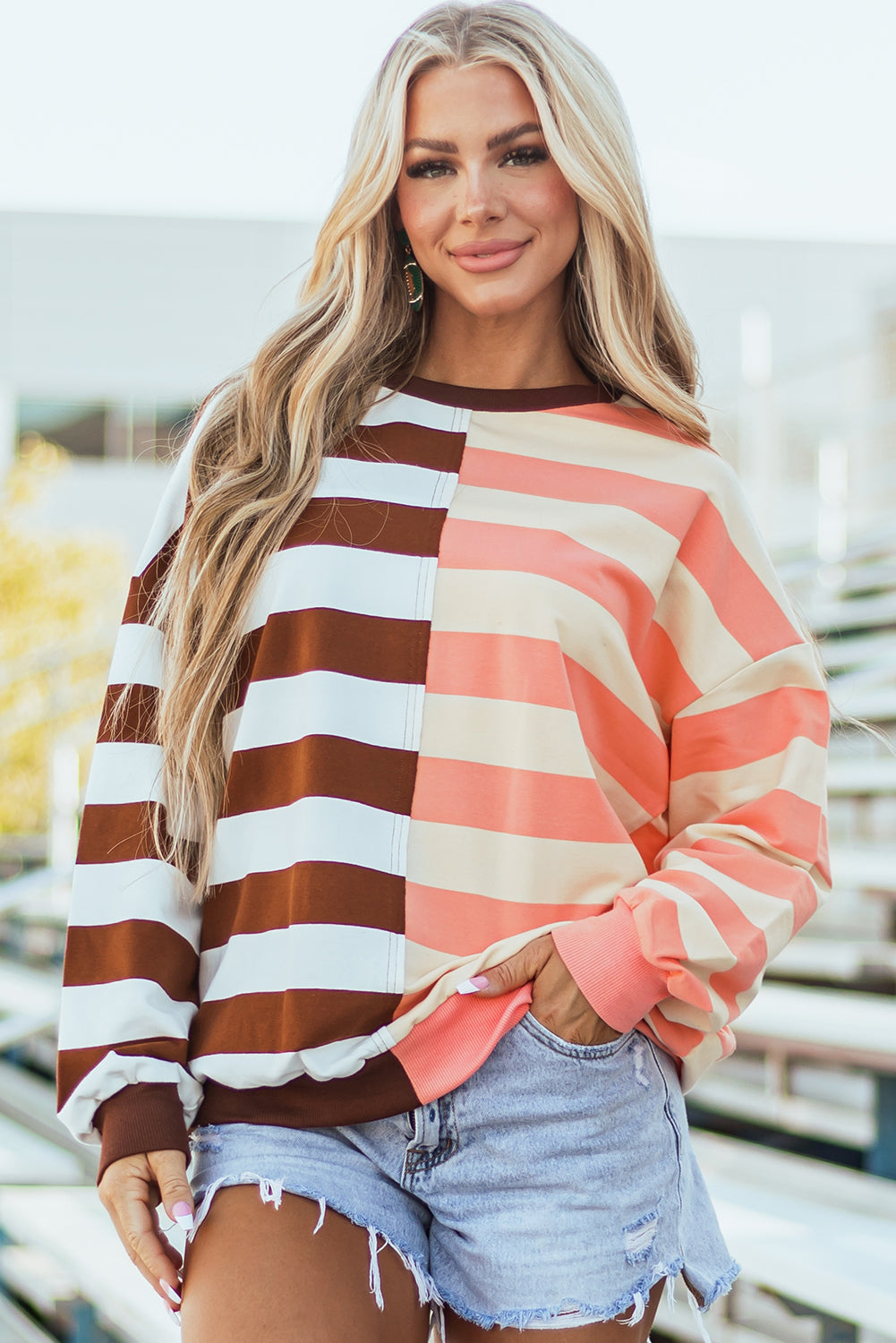 Brown Stripe Colour Block Drop Shoulder Pullover Sweatshirt eAura