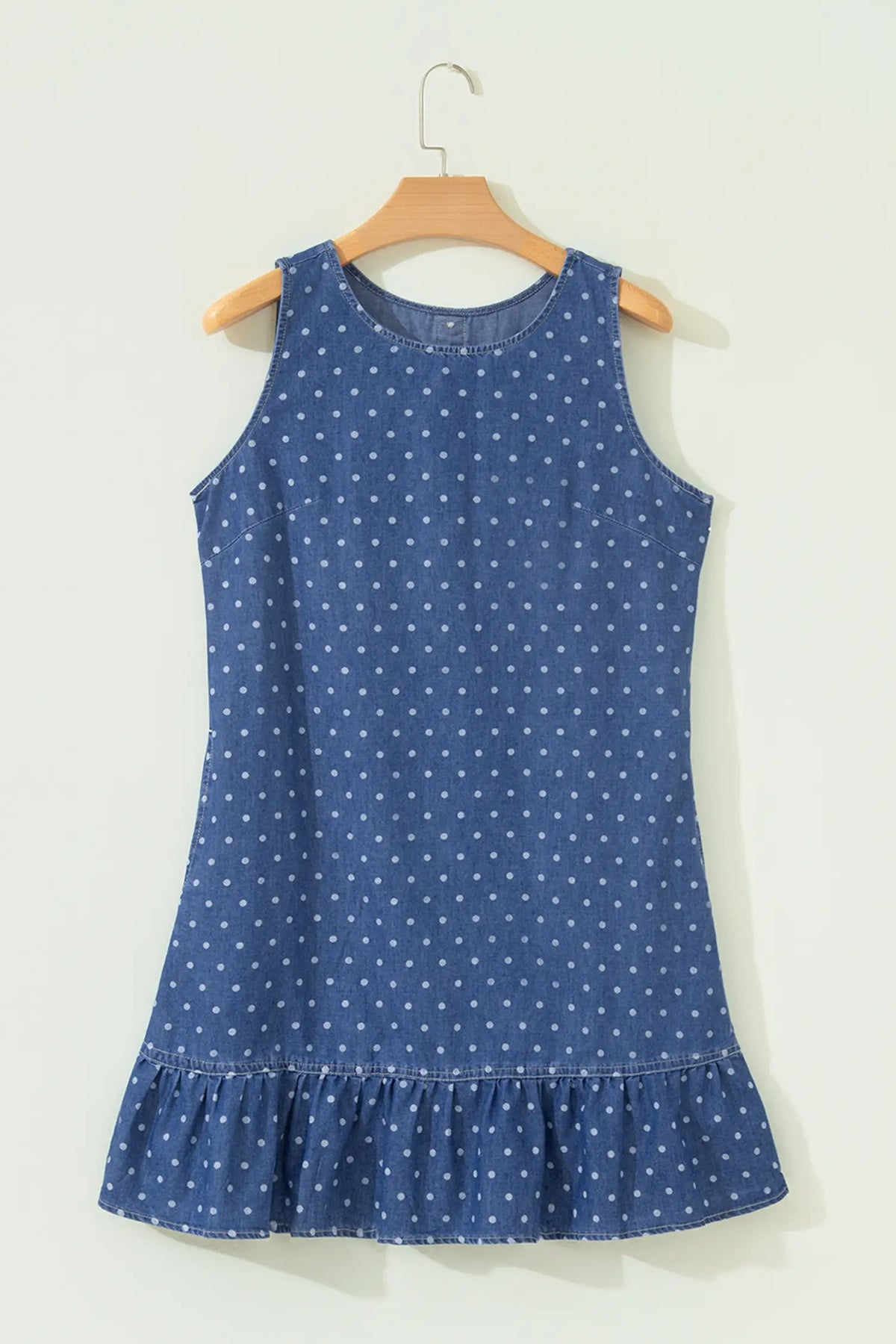 Polka Dot Ruffle Hem Sleeveless Denim Mini Dress – Blue