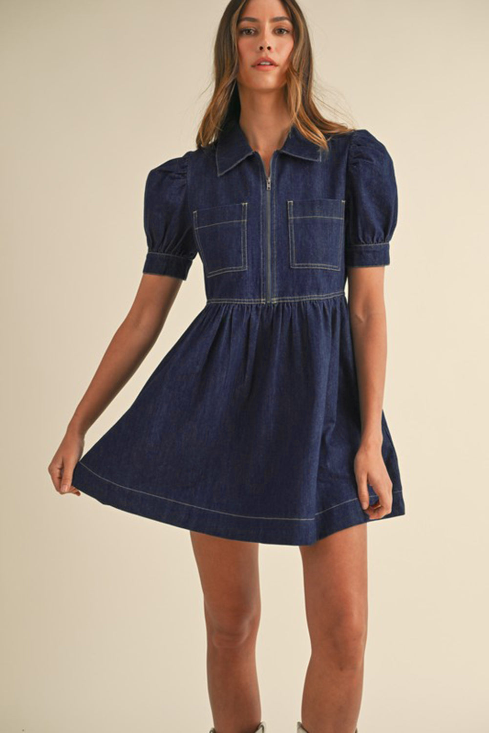 Dirty blue Zipped up Bodice Collared Short Puff Sleeve Denim Dress eAura