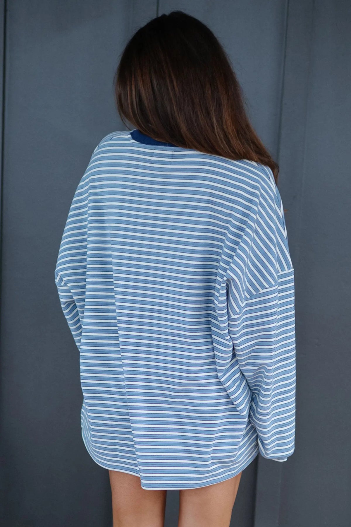 Long Sleeve Oversized Top Pocketed Casual Shorts Two Piece Set – Sky Blue Stripe