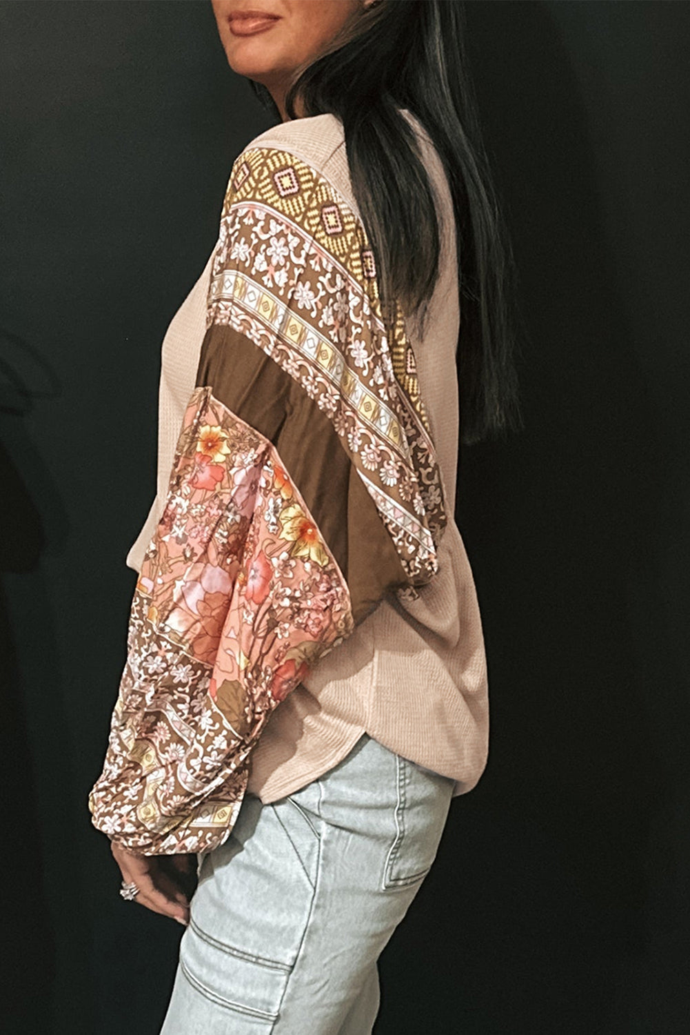 Parchment Contrast Floral Patchwork Puff Sleeve Waffle Knit Top eAura