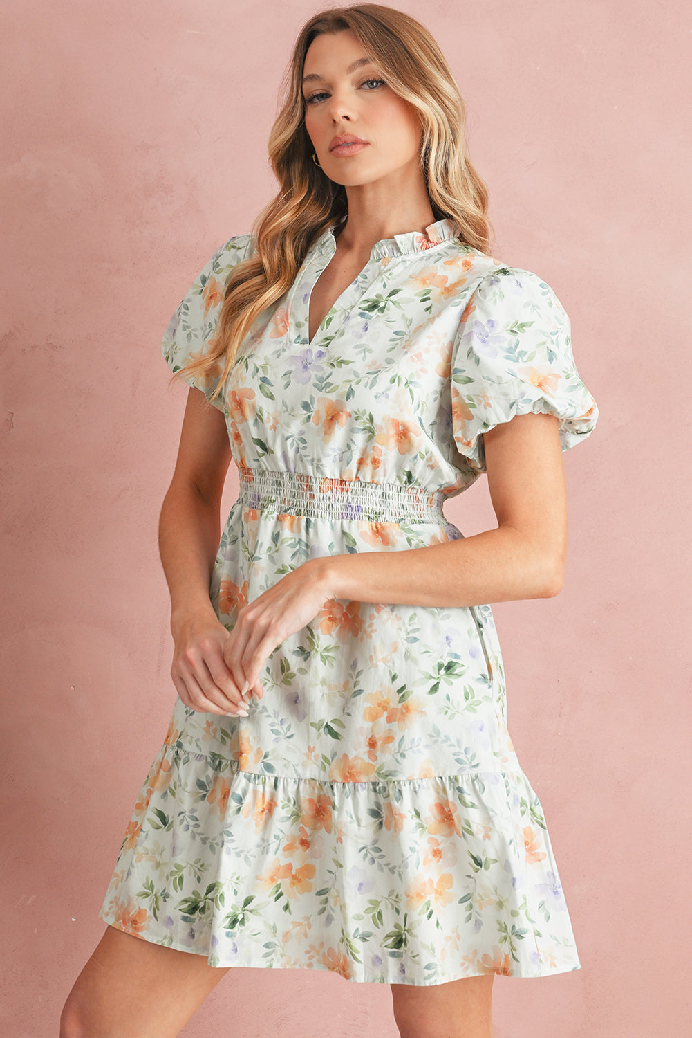 Floral Print Smocked Puff Sleeve Mini Dress