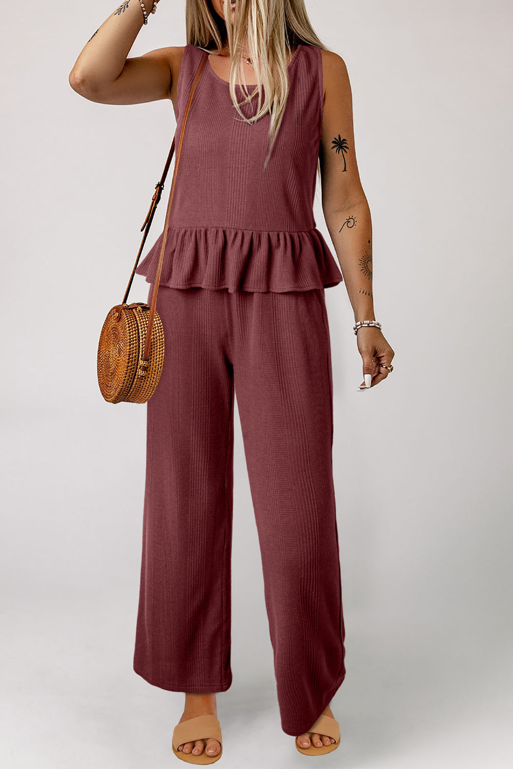 Red Dahlia Solid Colour Ribbed Ruffle Tank Top and Trousers Set eAura