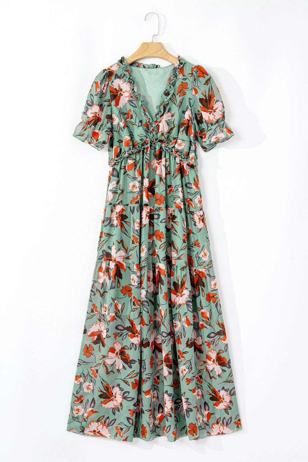 Floral Print Frilled V-Neck Short Sleeve Maxi Dress