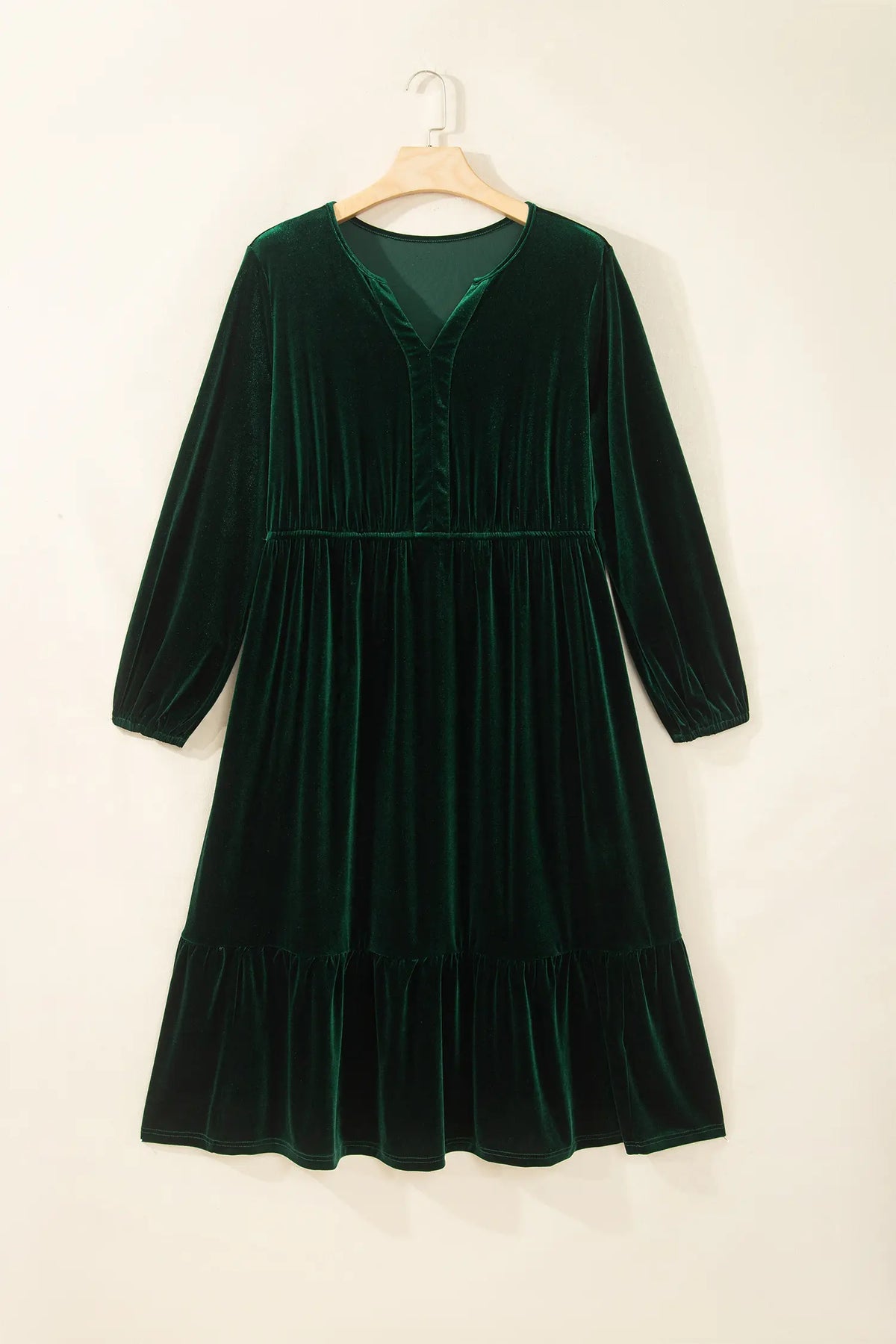 Blackish Green V Neck Long Sleeve Velvet Loose Fit Plus Size Dress