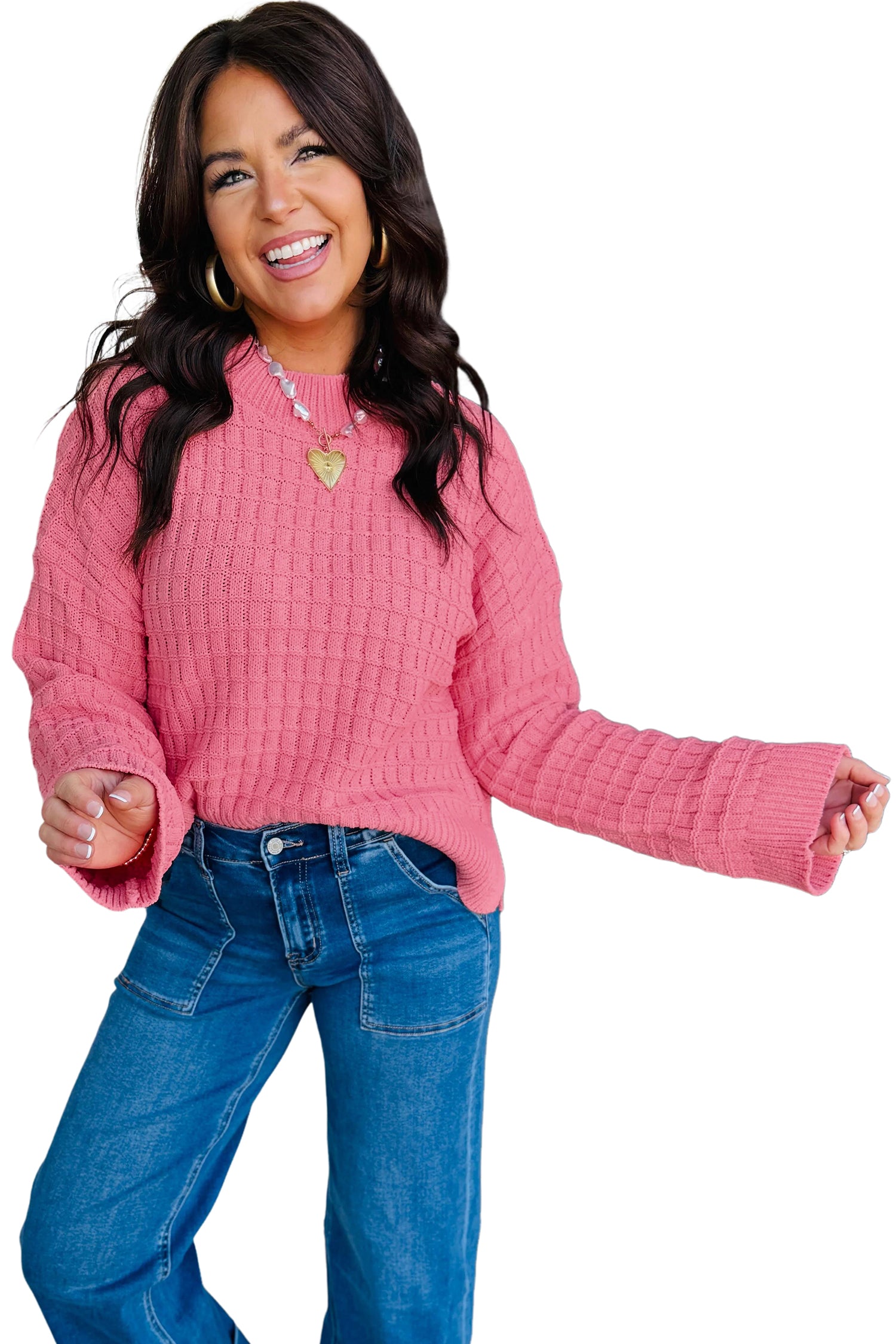 Drop Shoulder Long Sleeve Knit Regular Fit Sweater – Peach Blossom