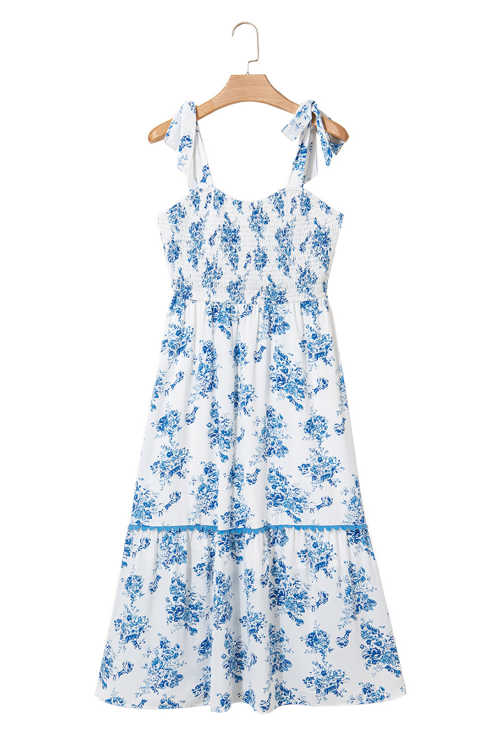 Sky Blue Floral Print Shirred Knot Shoulder Sleeveless Long Dress eAura