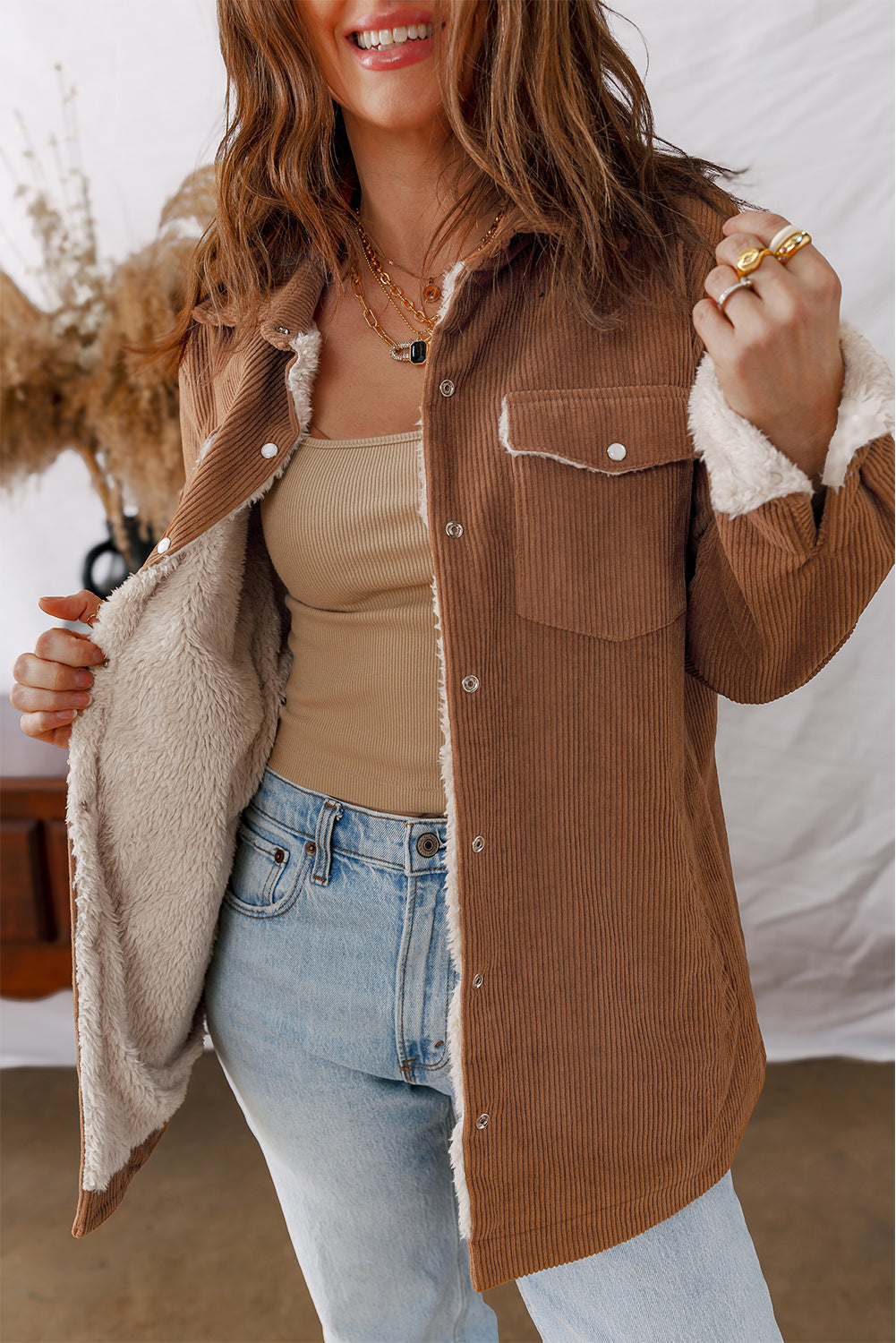 Cinnamon Fleece Lined Buttoned Flap Pockets Corduroy Jacket eAura